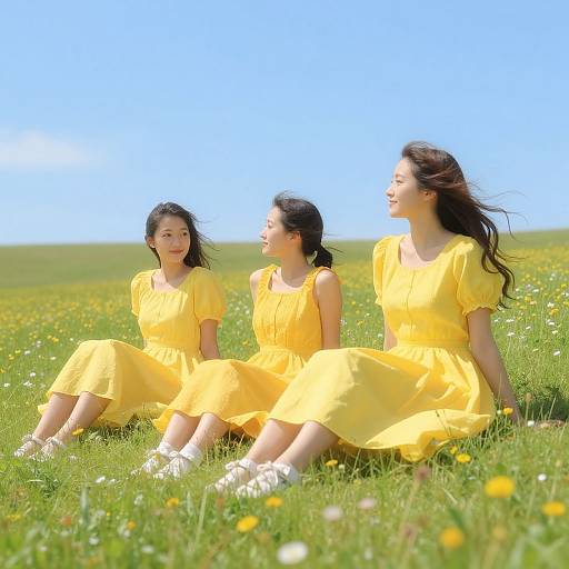Three Asian women in yellow dresses and white shoes sit in a sunny, grassy field with yellow daisies, smiling at a bright blue sky.