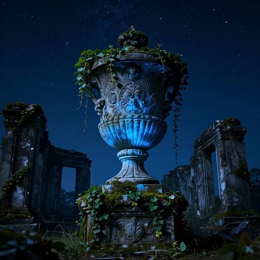 Photograph of a glowing blue, ornate stone urn with ivy, standing amidst ancient, ruined columns under a starry night sky.