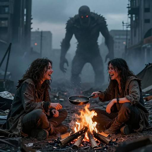 Photograph of two dirty, long-haired women laughing by a campfire in a ruined, foggy city, with a towering, shadowy monster looming