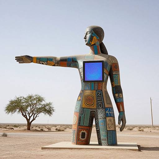 Photograph of a colorful, abstract, human-like statue with a blue screen on the chest, standing in a desert with a tree.