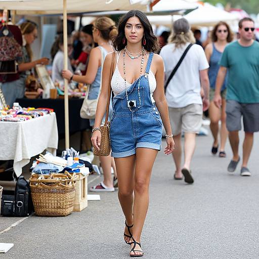 Photograph of a confident woman with dark hair, wearing a white lace top and blue denim romper, walking down a bustling outdoor market street.