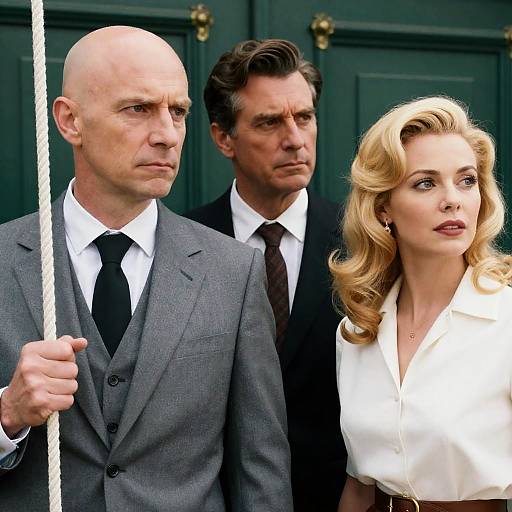 Photograph of three serious-faced individuals in 1950s-style attire: bald man in gray suit holding rope, middle-aged man in black suit,