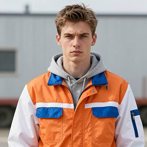 Young Man in Orange and White Winter Jacket