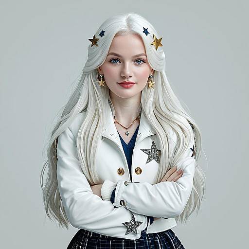 Digital art of a fair-skinned, blue-eyed woman with long white hair, adorned with gold stars, wearing a white star-patterned jacket and black
