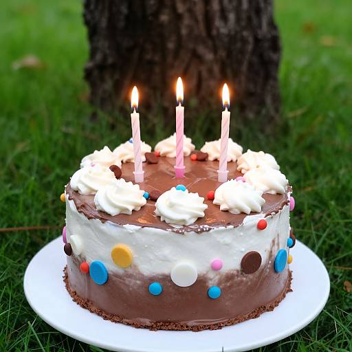 Photograph of a chocolate birthday cake with white frosting, colorful sprinkles, and four lit candles, on a white plate, in front of a tree