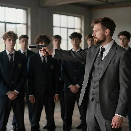 Bearded Man Points Gun: Tense Standoff