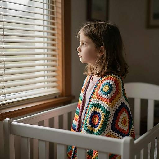 Melancholic Girl by Crib in Dim Light