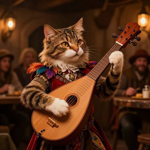 Photograph of a tabby cat dressed in medieval attire, playing an acoustic guitar with colorful feathered shoulder accents, in a warmly lit, rustic tavern