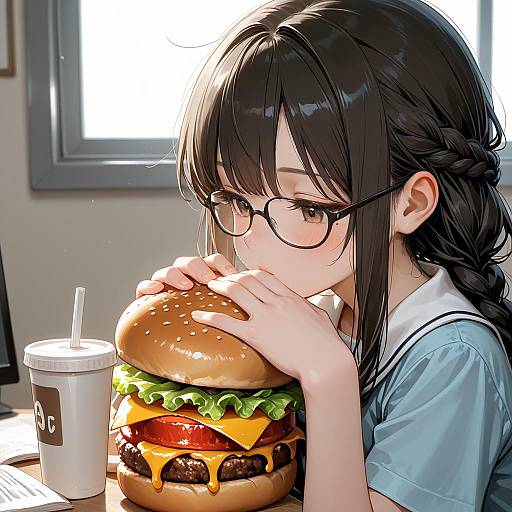 Bored Girl with Glasses Enjoying a Burger