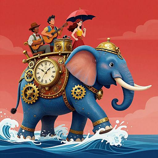 Cartoon-style illustration of a blue, gear-adorned elephant with a clock, carrying a musician, woman with umbrella, and man in hat,