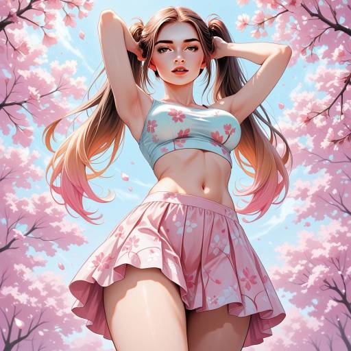 Dynamic Girl in Floral Cherry Blossom Scene