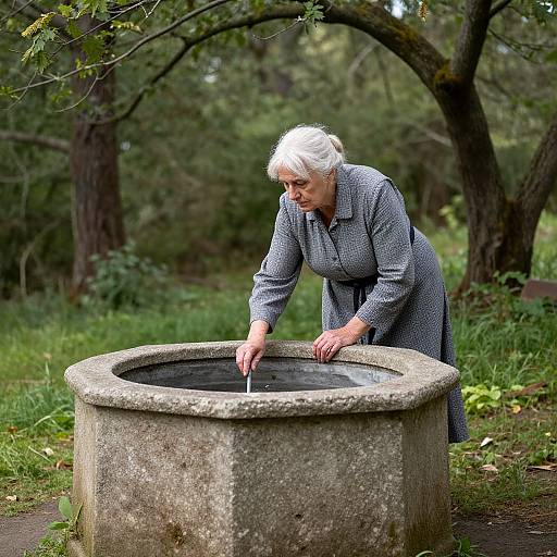 Photograph of an elderly white woman with short white hair, wearing a gray patterned dress, filling a circular stone well in a lush, green forest