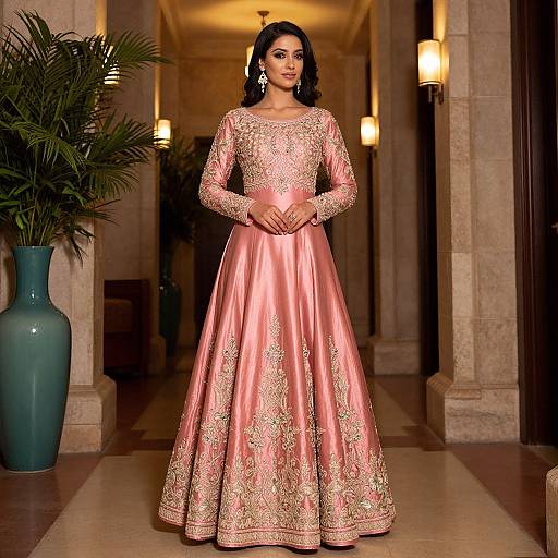 Elegant Woman in Embroidered Silk Gown