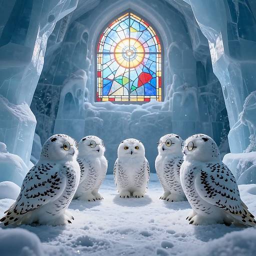 Photograph of five white snow owls with black spots, standing in a snowy, ice-encrusted cave, illuminated by a colorful stained glass