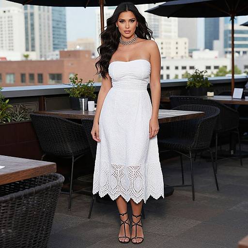 Photograph of a dark-haired woman in a white, lace, strapless dress and black strappy heels, standing on a rooftop terrace with city buildings