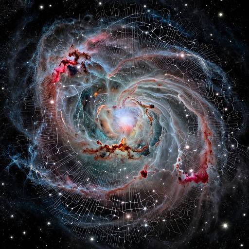 Photograph of a vibrant, swirling nebula with red, blue, and white gas clouds, surrounded by a dense star field. Bright central light source