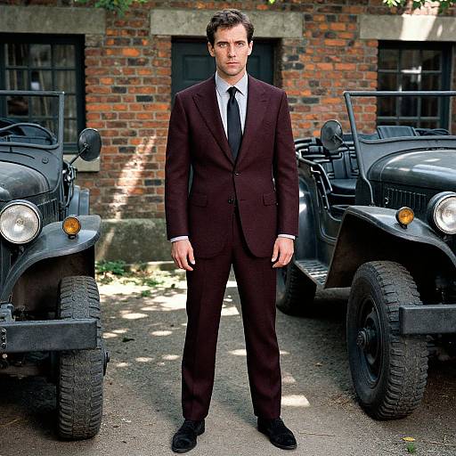 Photograph of a serious-looking man in a dark brown suit and black tie standing between two black vintage military jeeps, against a brick wall background.
