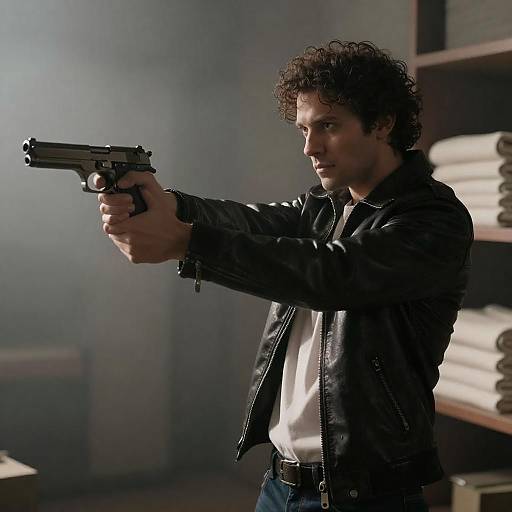 Curly-Haired Gunman in Leather Jacket