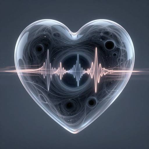 Digital artwork of a translucent, glowing heart with a bright, pulsating ECG line in the center, set against a dark blue background.