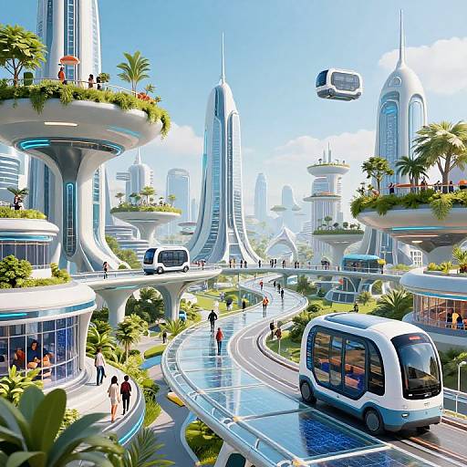 High-tech futuristic cityscape with floating cars, sleek white buildings, green rooftops, and curved roads, under a bright blue sky.