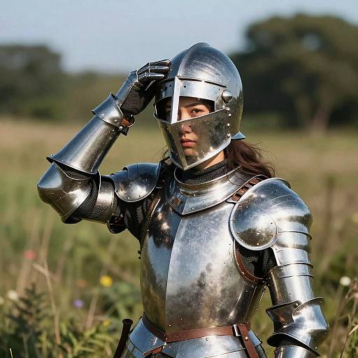 Photograph of a woman in shiny medieval silver armor, helmet slightly raised, standing in a sunlit meadow with blurred greenery.
