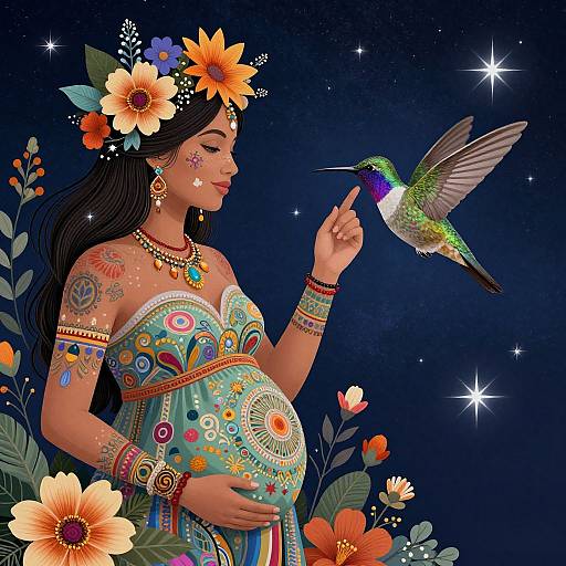 Digital artwork: Pregnant woman with floral headpiece, colorful tattoos, and traditional dress, gently points to a rainbow-hued hummingbird against a star