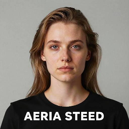 Photograph of a young white woman with straight, brown hair, blue eyes, and fair skin, wearing a black shirt, with 