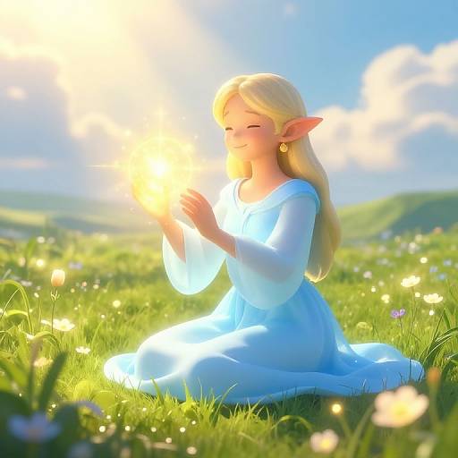 Digital artwork of a smiling, blonde, elven woman with pointed ears, wearing a flowing blue dress, kneeling in a sunlit meadow, hands