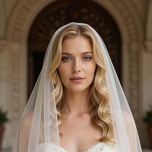 Photograph of a blonde, blue-eyed bride with wavy hair, wearing a white lace dress and veil, standing in front of a stone arched