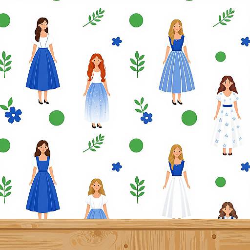 Digital illustration of seven women in blue and white dresses, standing on white background with green circles, blue flowers, and leaf patterns. Wooden table bottom foreground