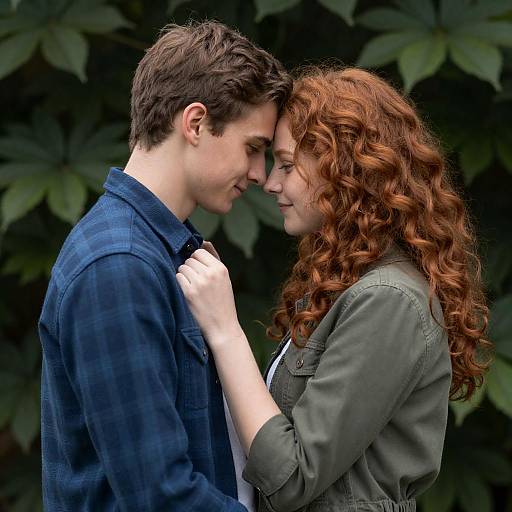 Tender Couple in Green Foliage Embrace