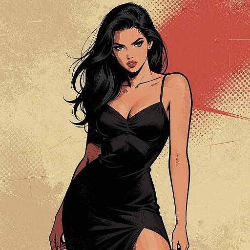 Confident Woman in Black Dress Comic Art