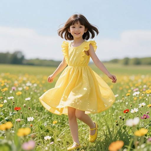 Photograph of a smiling young Asian girl in a bright yellow dress and matching shoes, running through a sunny meadow filled with colorful wildflowers.