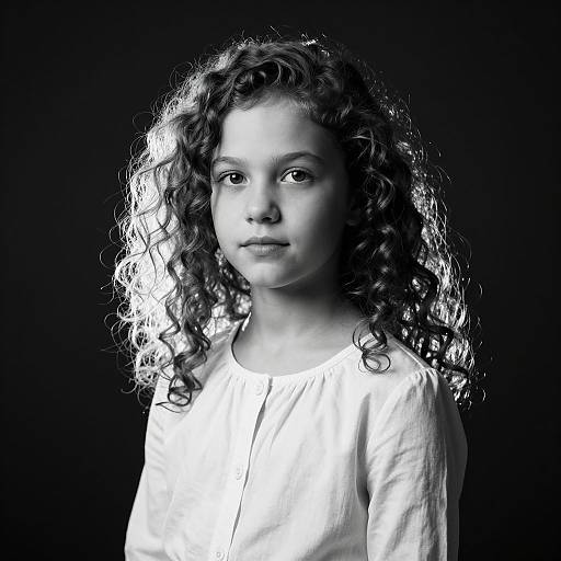 Black-and-white photograph of a young girl with curly hair, wearing a white blouse, against a dark background, gazing directly at the camera.