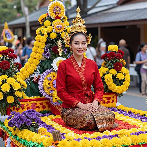 Photograph of a smiling Thai woman in a red traditional outfit and golden crown, seated on a flower-covered float in a street parade, surrounded by vibrant