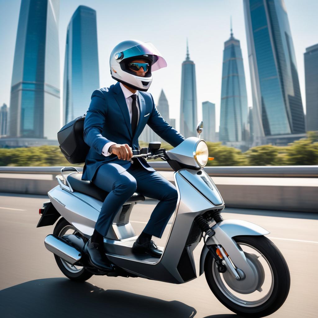 Business Rider on Futuristic Moped Adventure