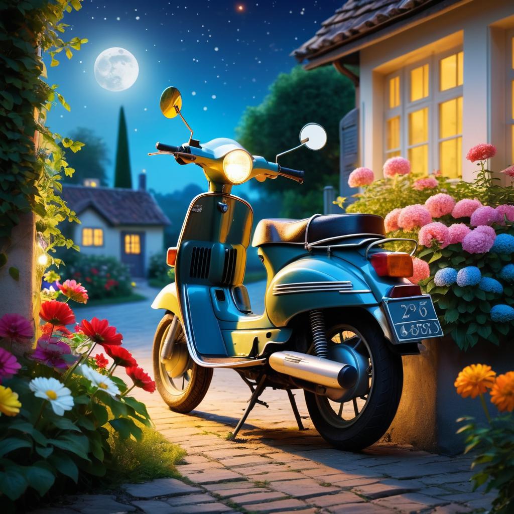 Nostalgic Moped in Moonlit Garden