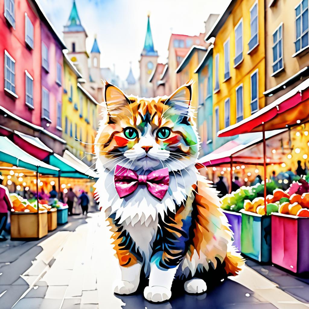 Festive Fluffy Cat in a Bustling Market