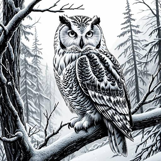 Grayscale Snow Owl on Winter Tree Branch