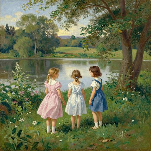 Three young girls in vintage dresses stand by a serene lake, gazing into the distance, surrounded by lush greenery and trees. Realistic painting style