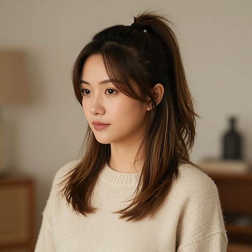 Photograph of an Asian woman with fair skin, dark brown hair in a high ponytail, wearing a cream knit sweater, softly smiling, against a