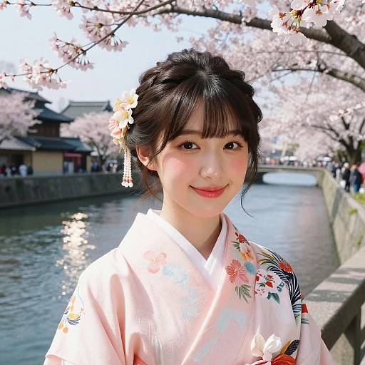 Photograph of a smiling young Asian woman with fair skin, black hair in a floral hairpin, wearing a pink kimono with floral patterns, standing