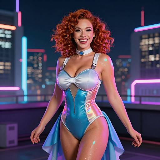 Curly red-haired woman in a shiny blue and white one-piece swimsuit with a choker, smiling confidently on a neon-lit rooftop at night