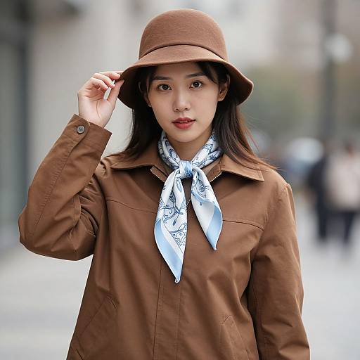 Photograph of an Asian woman with long black hair, brown bucket hat, brown jacket, white patterned scarf, standing in a blurred urban street.