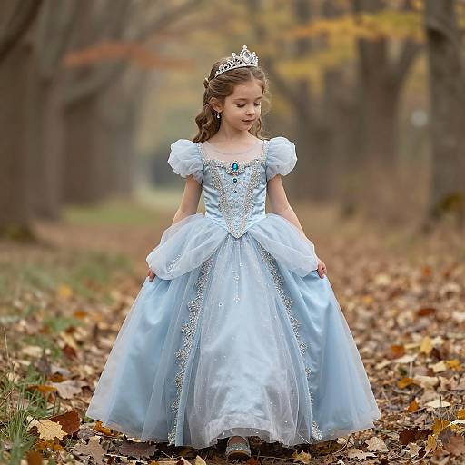 Young Girl in Princess Ball Gown Walking in Autumn Forest
