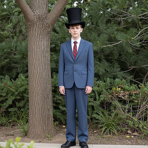 Photograph of a young boy in a dark blue suit, white shirt, red tie, and black top hat, standing in front of a tree with