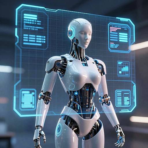 Cybernetic Humanoid with Neon Hologram