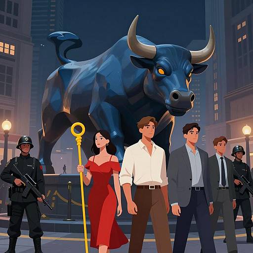 Nighttime Cityscape with Bull Statue