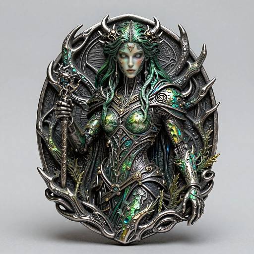 Digital art of a mystical, armored female figure with glowing green hair and eyes, surrounded by intricate, metallic, dragon-like patterns.