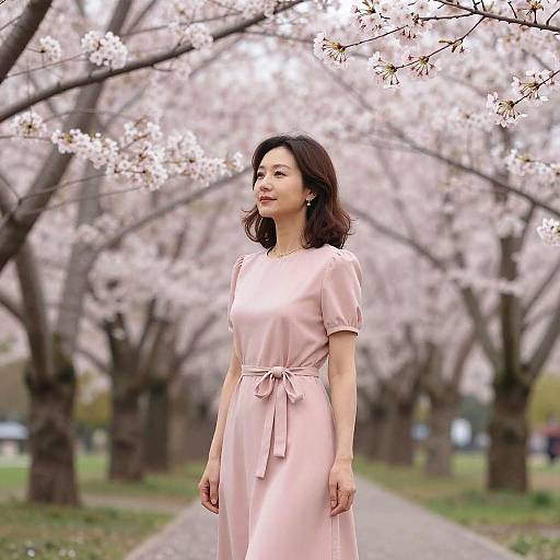Photograph of an Asian woman with shoulder-length black hair, wearing a pink, short-sleeved, belted dress, standing under blooming cherry